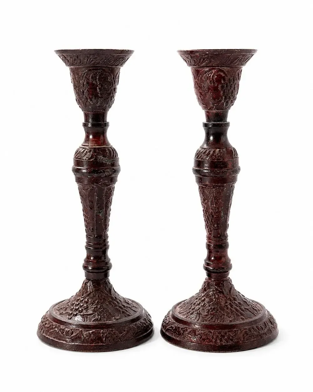 Pair Ornate Metal Candlestick Holders 6.8” Antiqued Burgundy Victorian Style